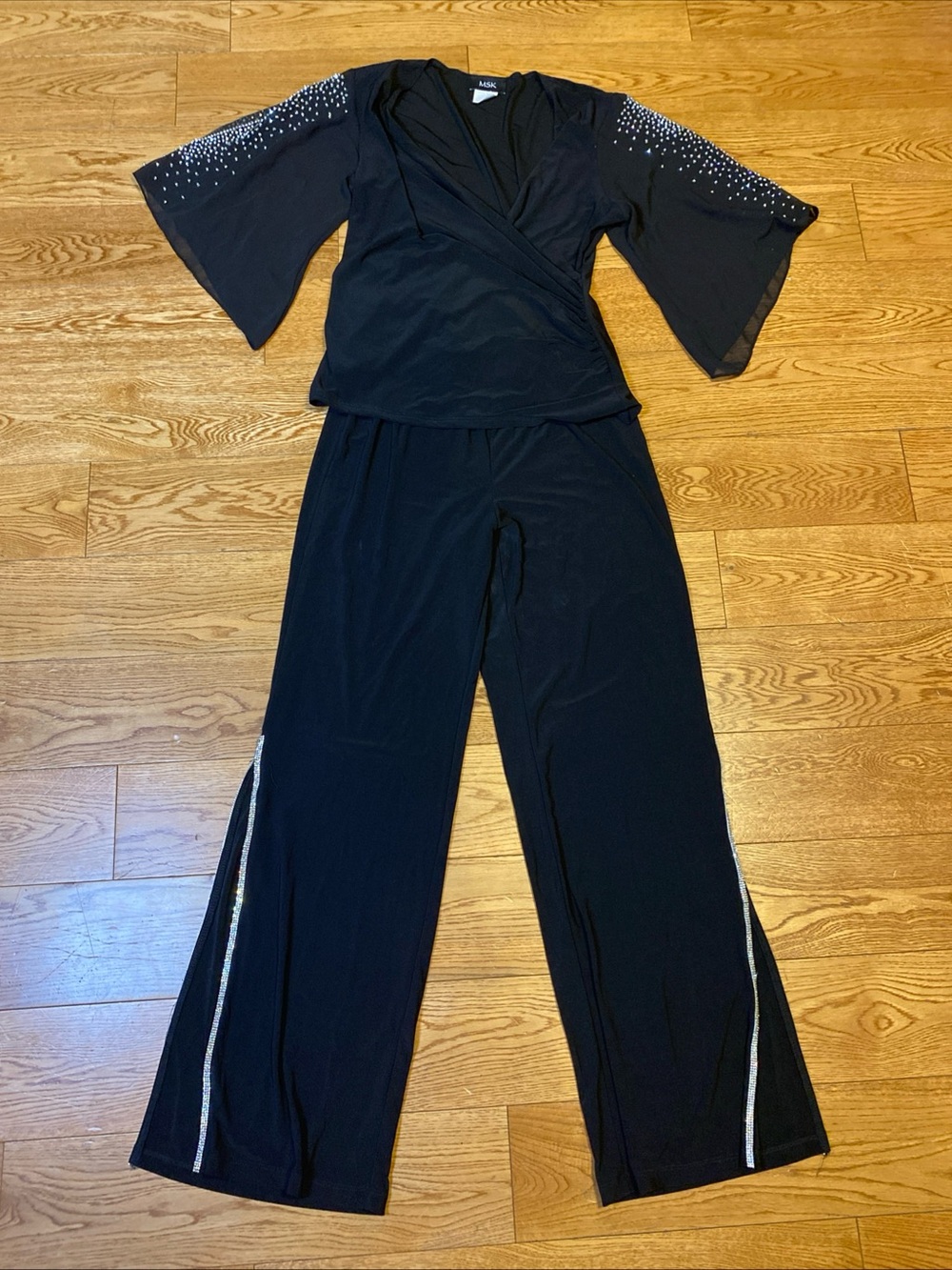 MSK 2 Pc Set Black Rhinestone Bell Sleeve Top Medium M Side Slit Pants Small S